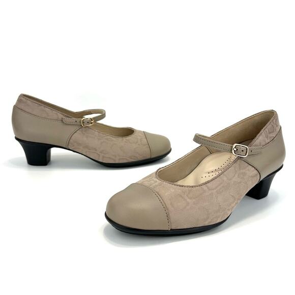 SAS Isabel Mary Jane Pumps Size 8 Wide Taupe/Tan Leather & Leopard Print Textile - Picture 1 of 16